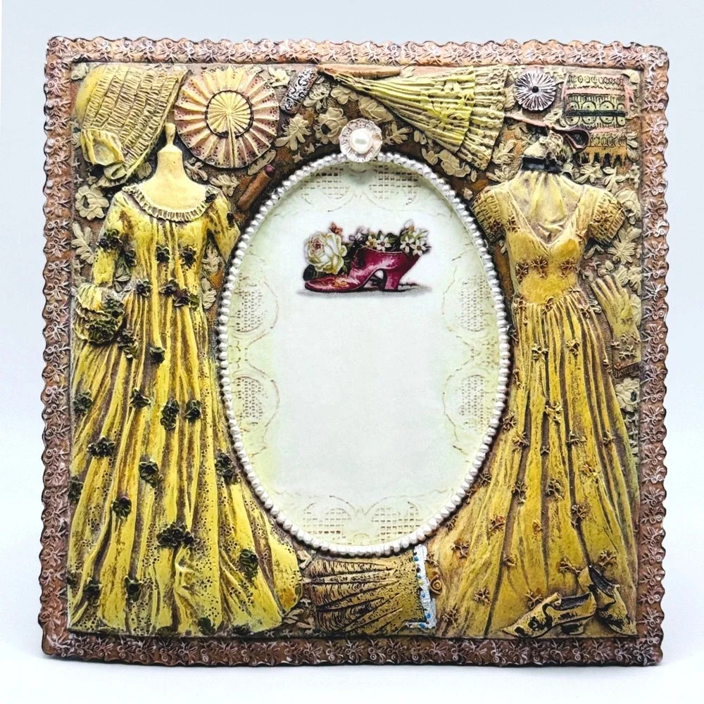 Victorian Shabby Chic Photo Frame Raised Relief Dress Parasol Cottagecore